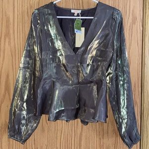 Olive Green Holographic Long Sleeve Blouse